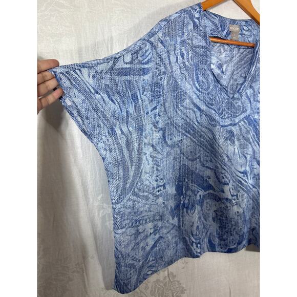 Chicos Blouse 3 XL Blue White Abstract Print Satin Dolman Sleeve Flowy Boxy - Picture 2 of 8